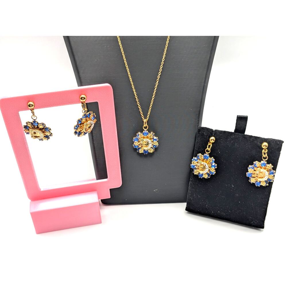 Daughters of Rebekah Estate Lot Necklace & 2 Pr Earrings Blue Rhinestone Vintage